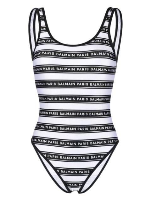 striped logo-print swimsuit by BALMAIN