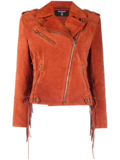 x Netflix fringed suede asymmetric-zip biker jacket by BALMAIN