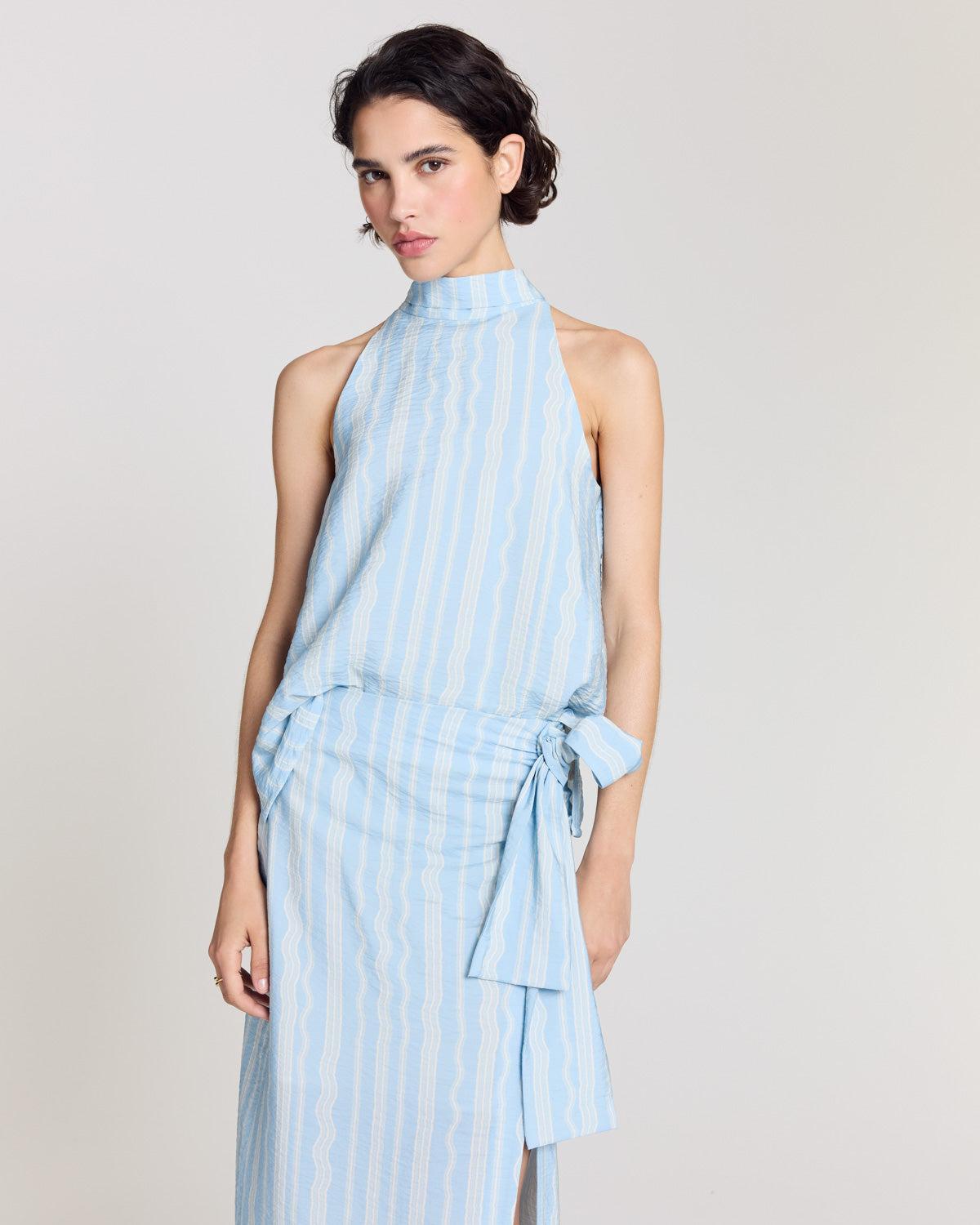 Arielle top with wave stripes on a blue background by BALZAC PARIS