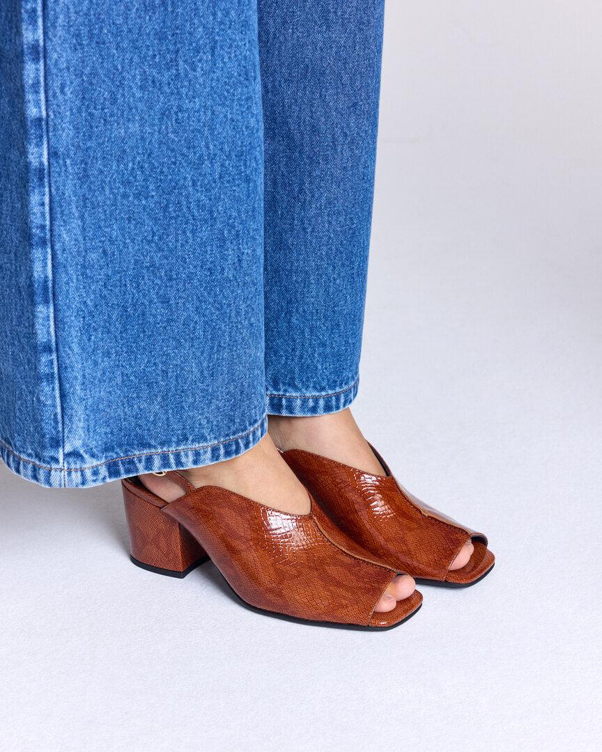 Barbara sandals in embossed camel patent leather by BALZAC PARIS