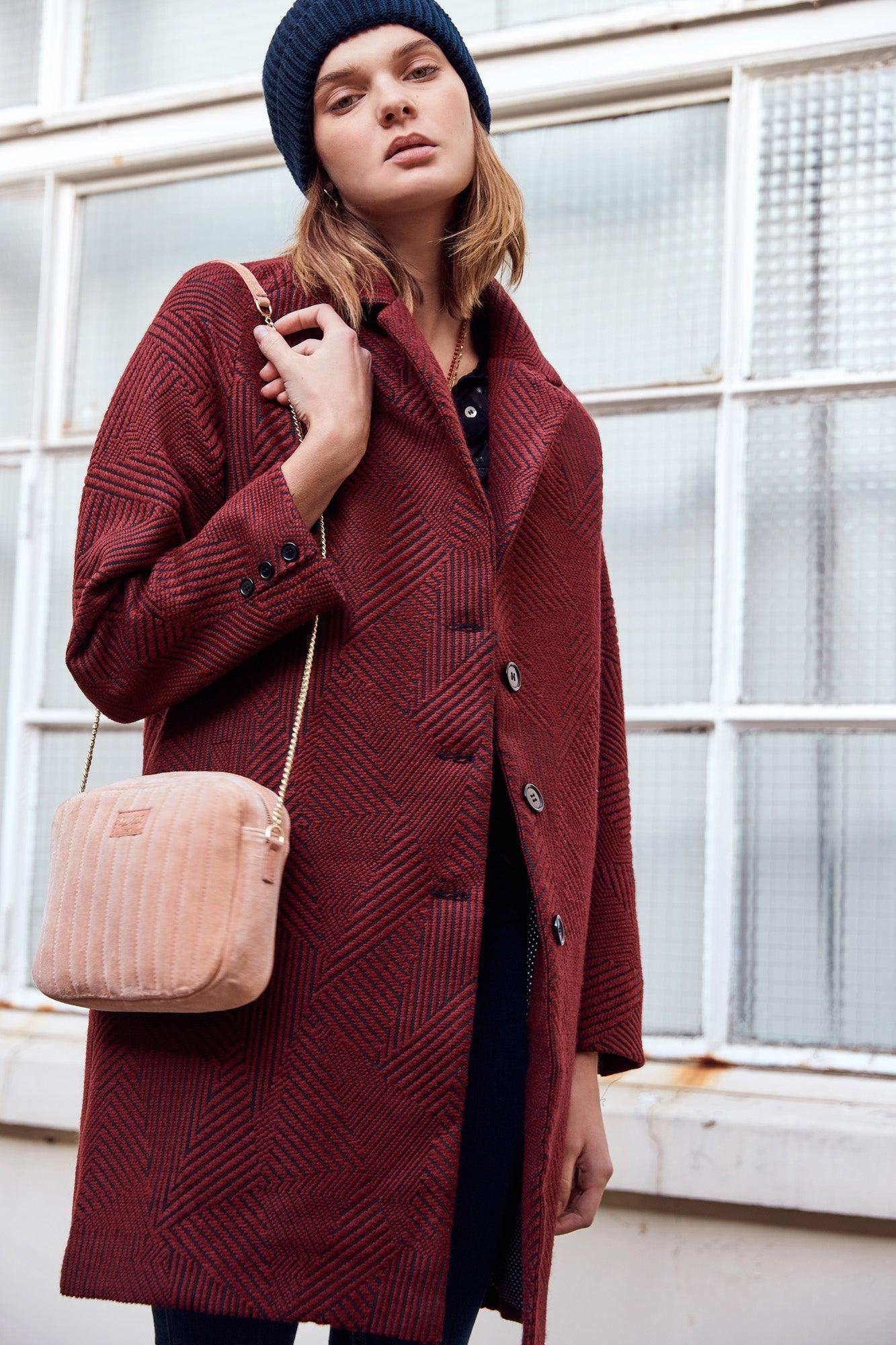 Benjamin burgundy jacquard coat by BALZAC PARIS