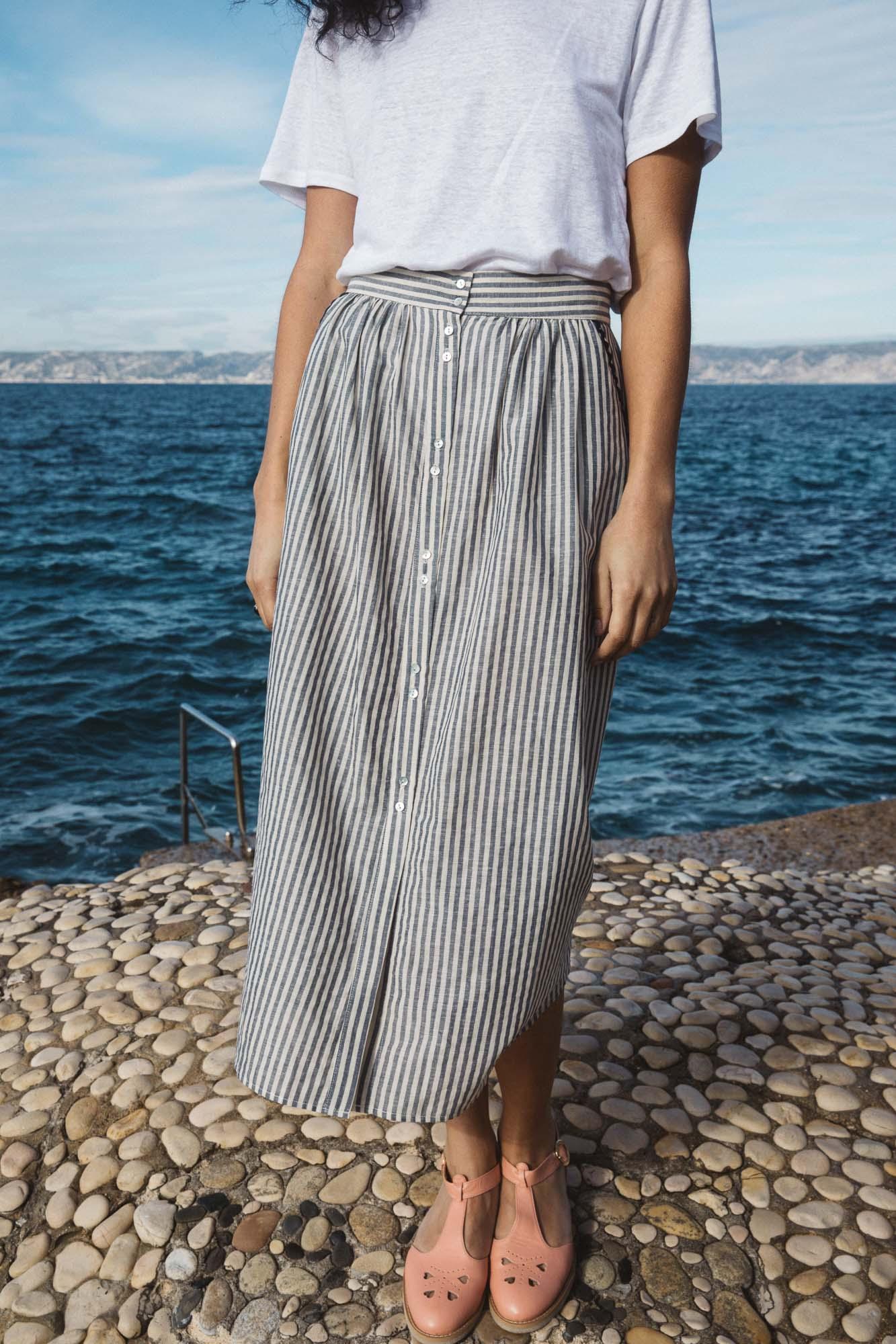 Blue and gray striped Sally skirt by BALZAC PARIS