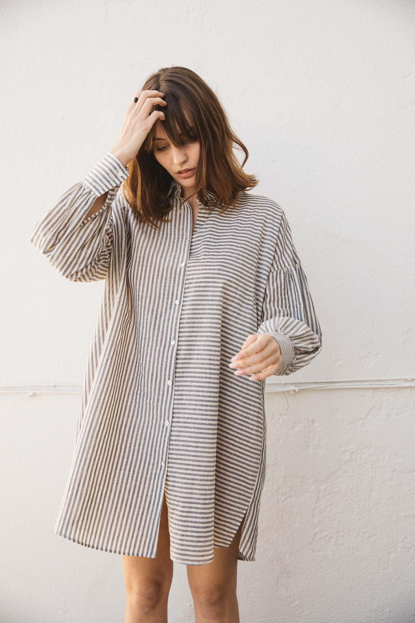 Blue and gray striped Voguer shirt dress by BALZAC PARIS