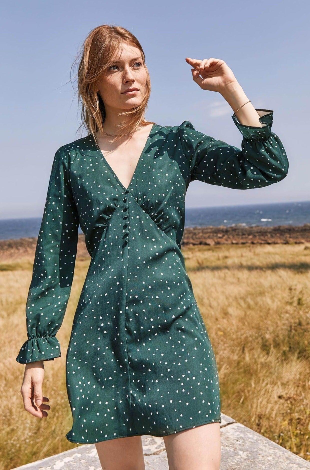 Bottle green Bérengère dress by BALZAC PARIS