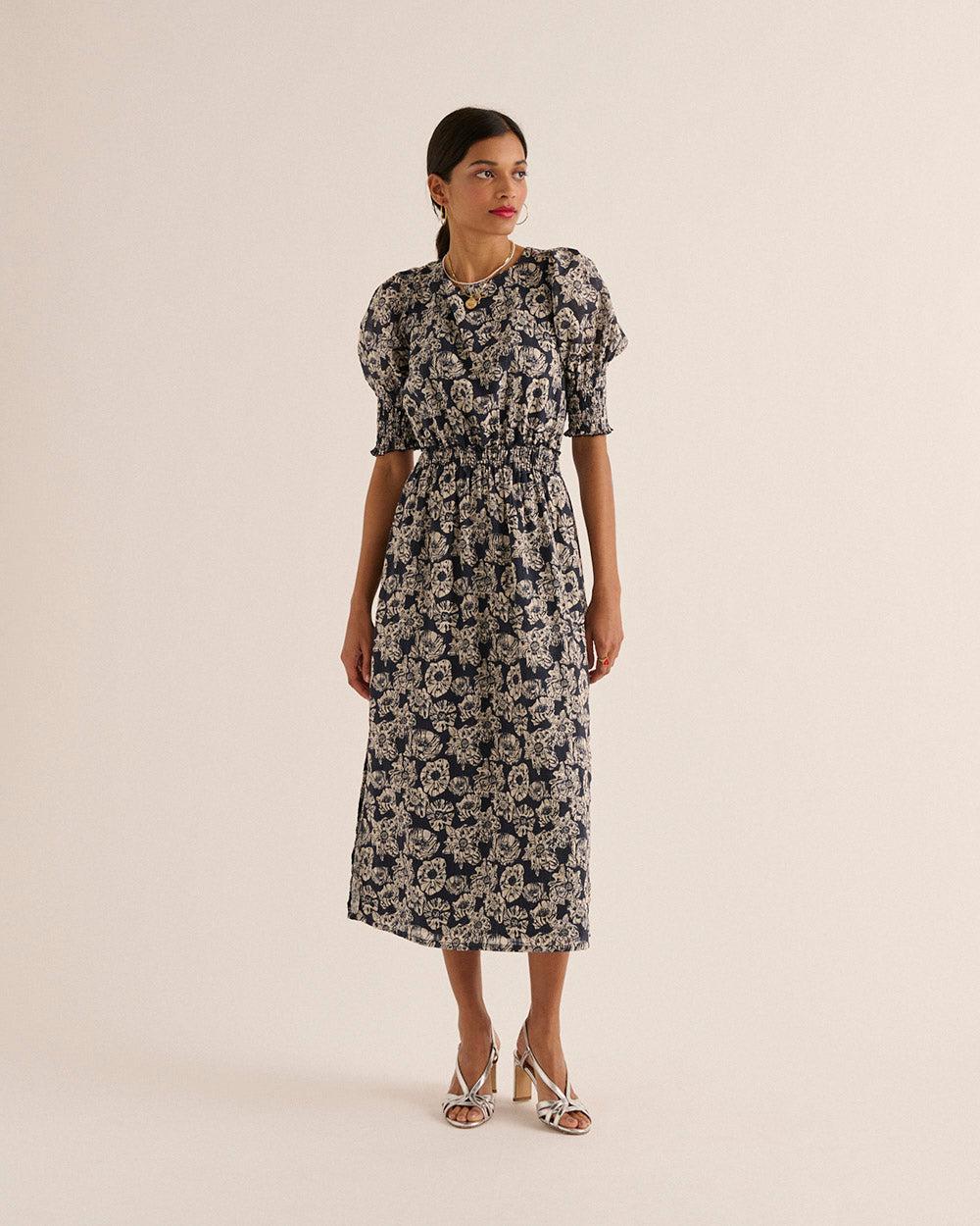 Célesta dress with flower party print, navy and ecru stripes by BALZAC PARIS