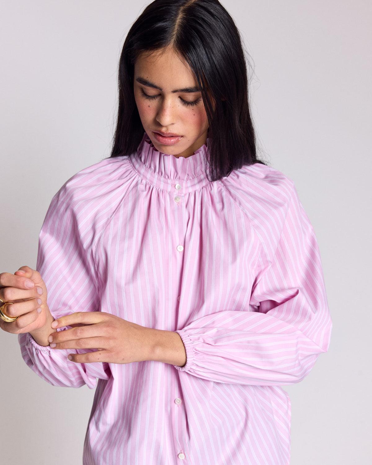 Camille shirt with pink and ecru stripes by BALZAC PARIS