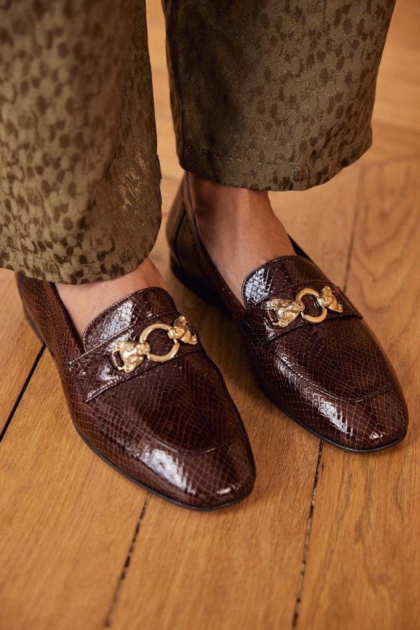 Chocolate varnish embossed Flavie moccasins by BALZAC PARIS
