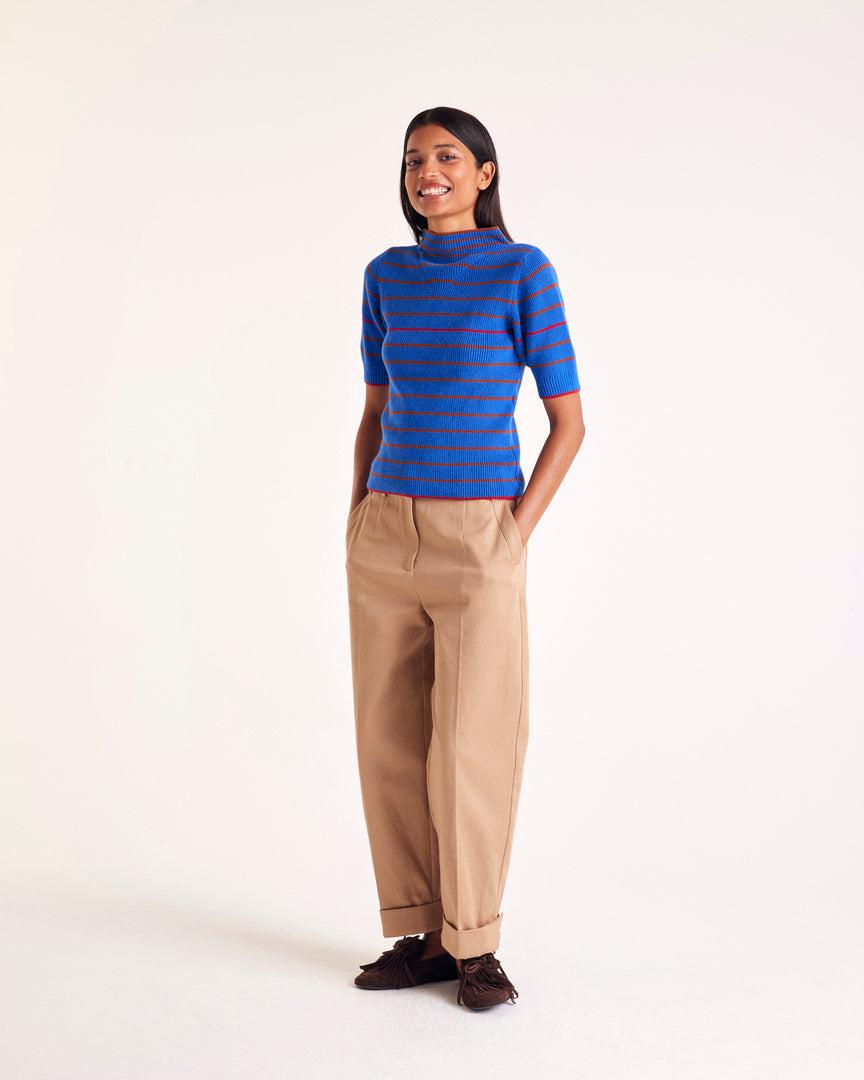 Claudie top with blue, cinnamon and red stripes by BALZAC PARIS