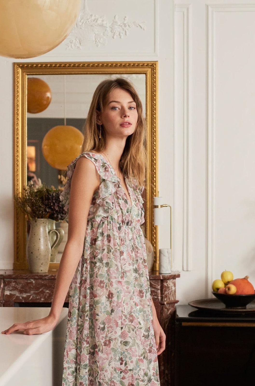 Dragan floral print dress with front neckline by BALZAC PARIS