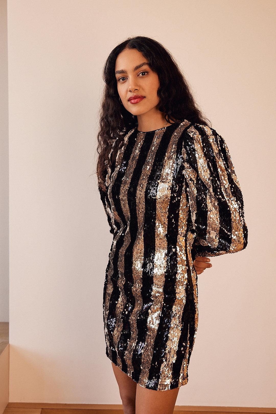 Eugenia black and gold striped dress by BALZAC PARIS
