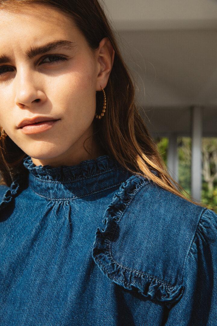 Fortune denim blue midi blouse by BALZAC PARIS