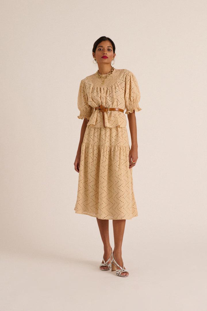 Gaby beige English embroidery skirt by BALZAC PARIS