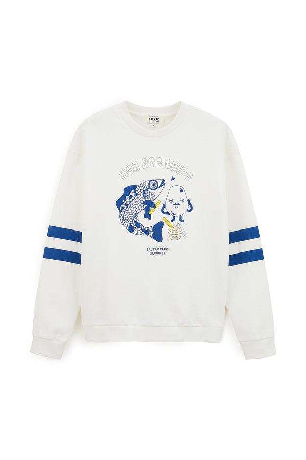 Harlow fish &amp; chips ecru and blue sweatshirt by BALZAC PARIS