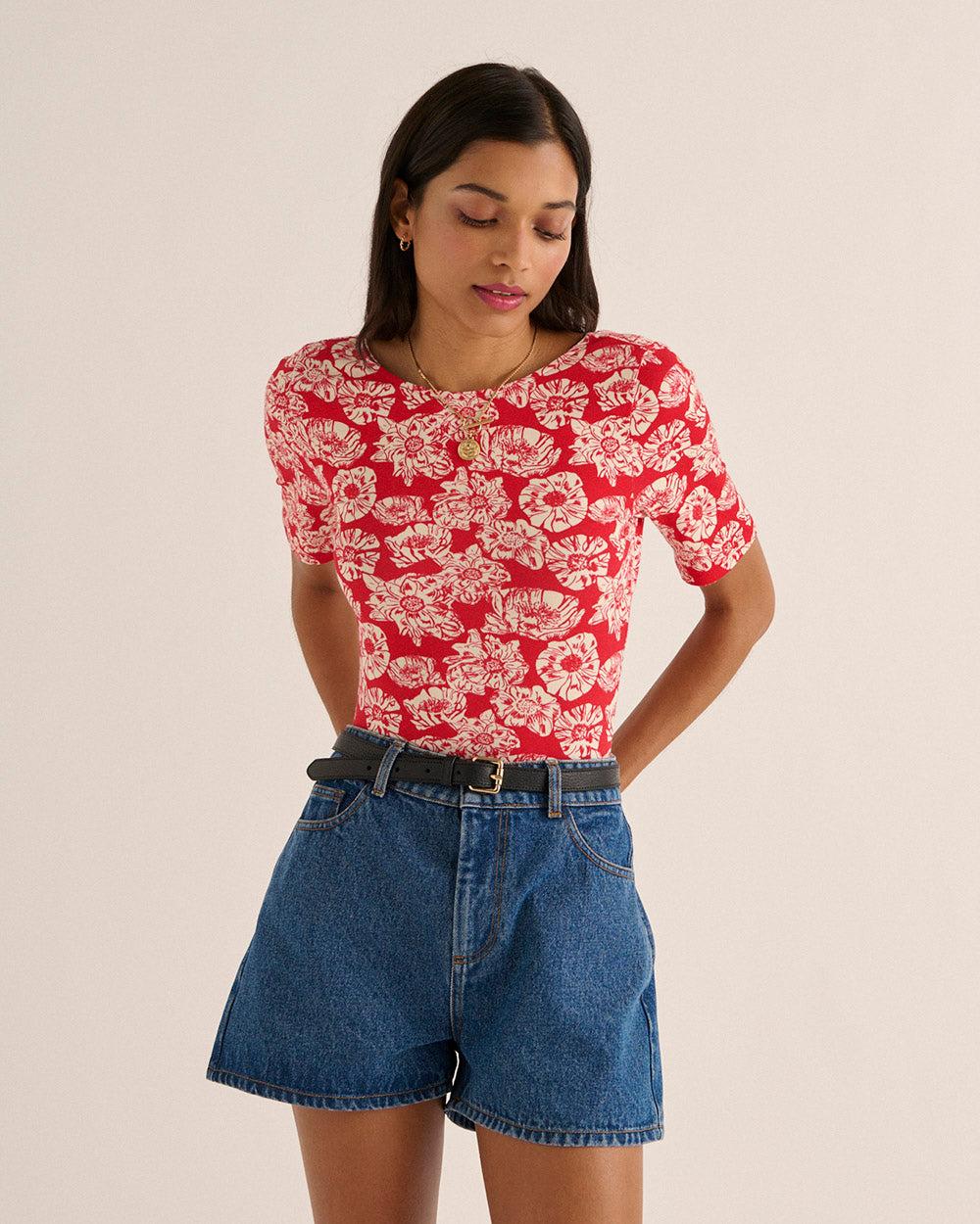Heureuse bodysuit with red and ecru flower party print by BALZAC PARIS