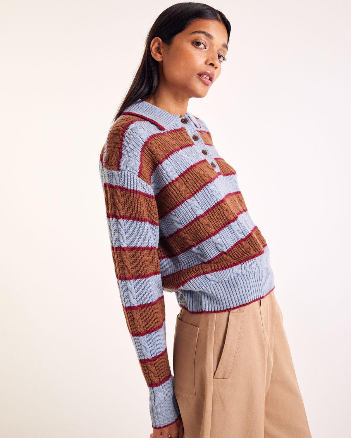 Isidore sweater with blue, cinnamon and burgundy stripes by BALZAC PARIS