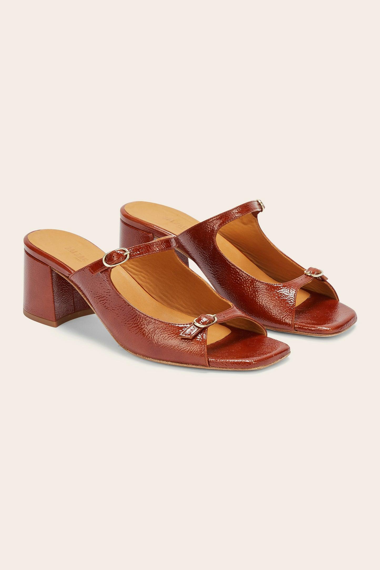 Joane cognac crinkled patent mules by BALZAC PARIS