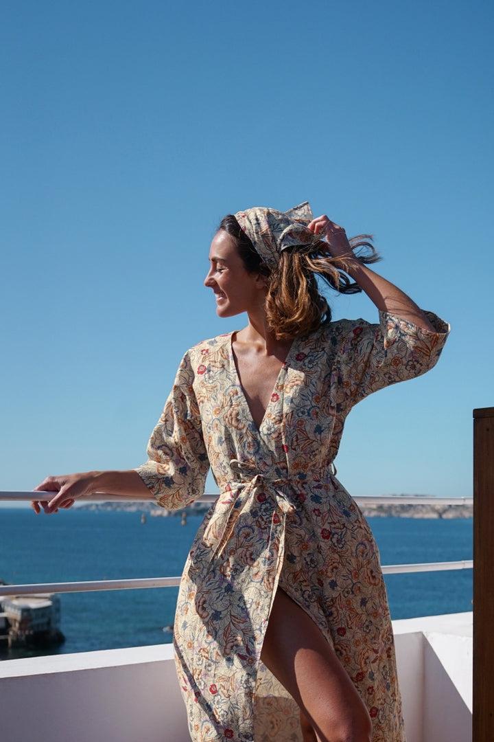 Kimono Familia dress with floral Indian print by BALZAC PARIS