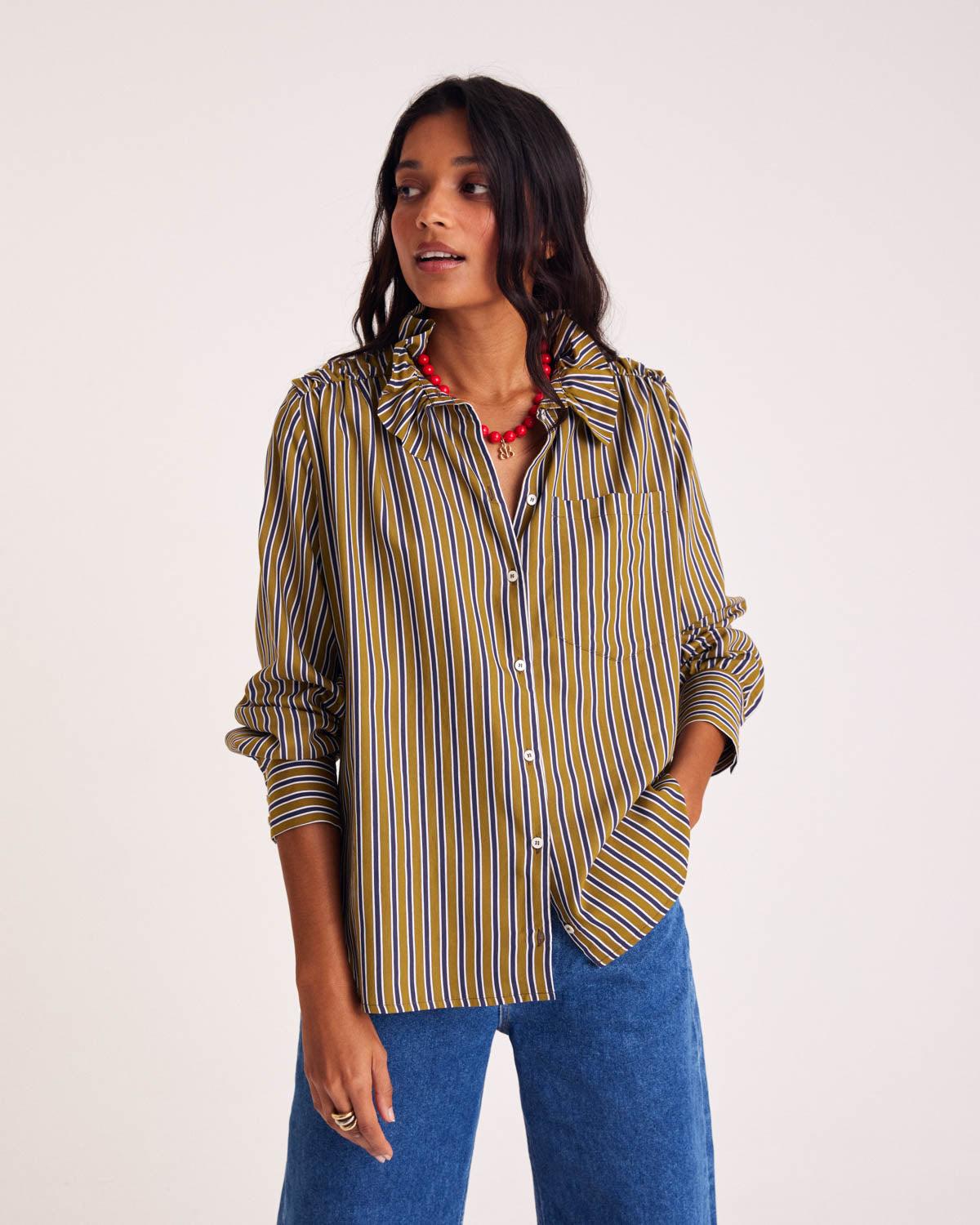 Léonor Shirt Khaki and Navy Stripes by BALZAC PARIS