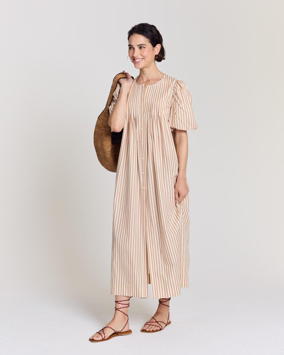 Lavanda dress orange, blue, and ecru stripes by BALZAC PARIS