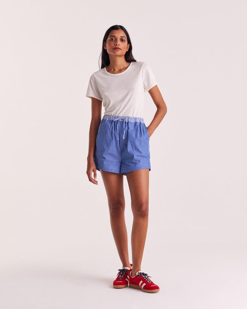 Lelio blue striped patchwork shorts by BALZAC PARIS