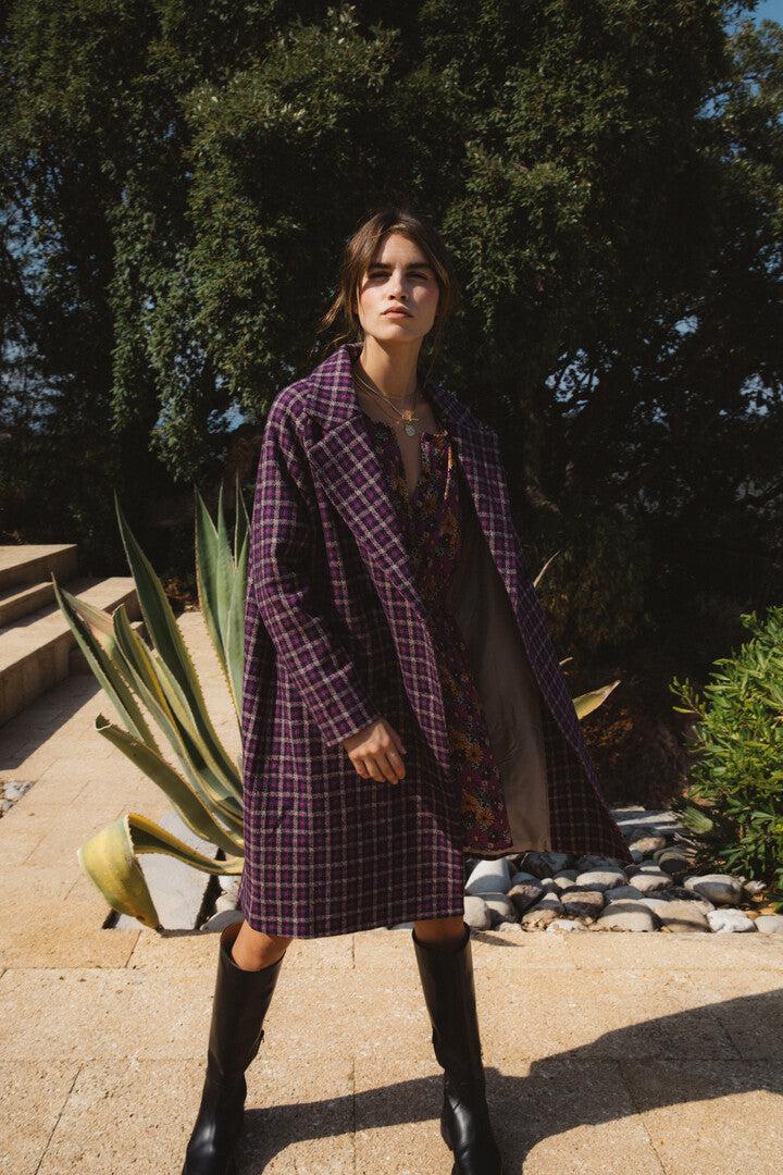 Lenny purple checked coat in recycled wool by BALZAC PARIS