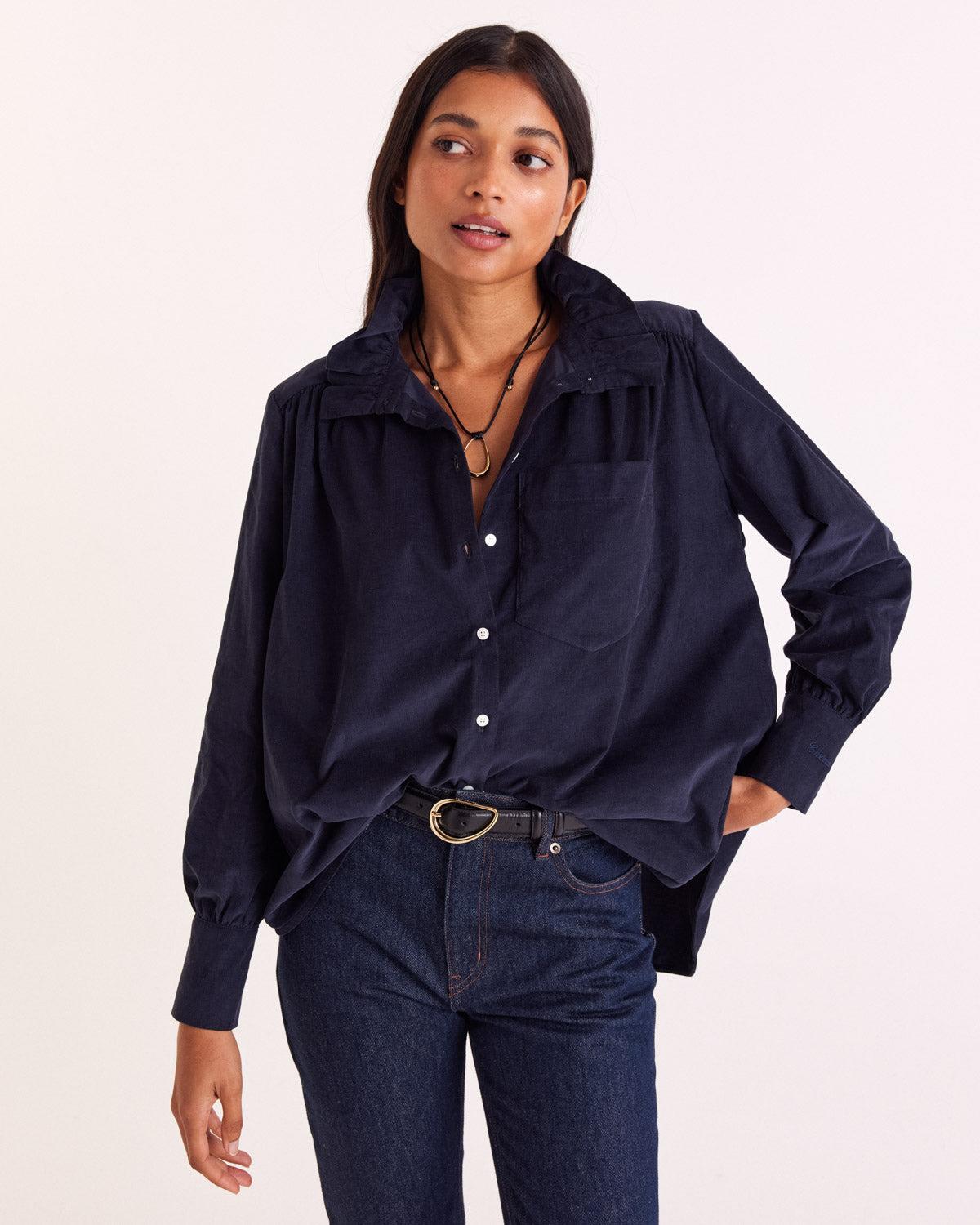 Leonor navy blue velvet shirt by BALZAC PARIS