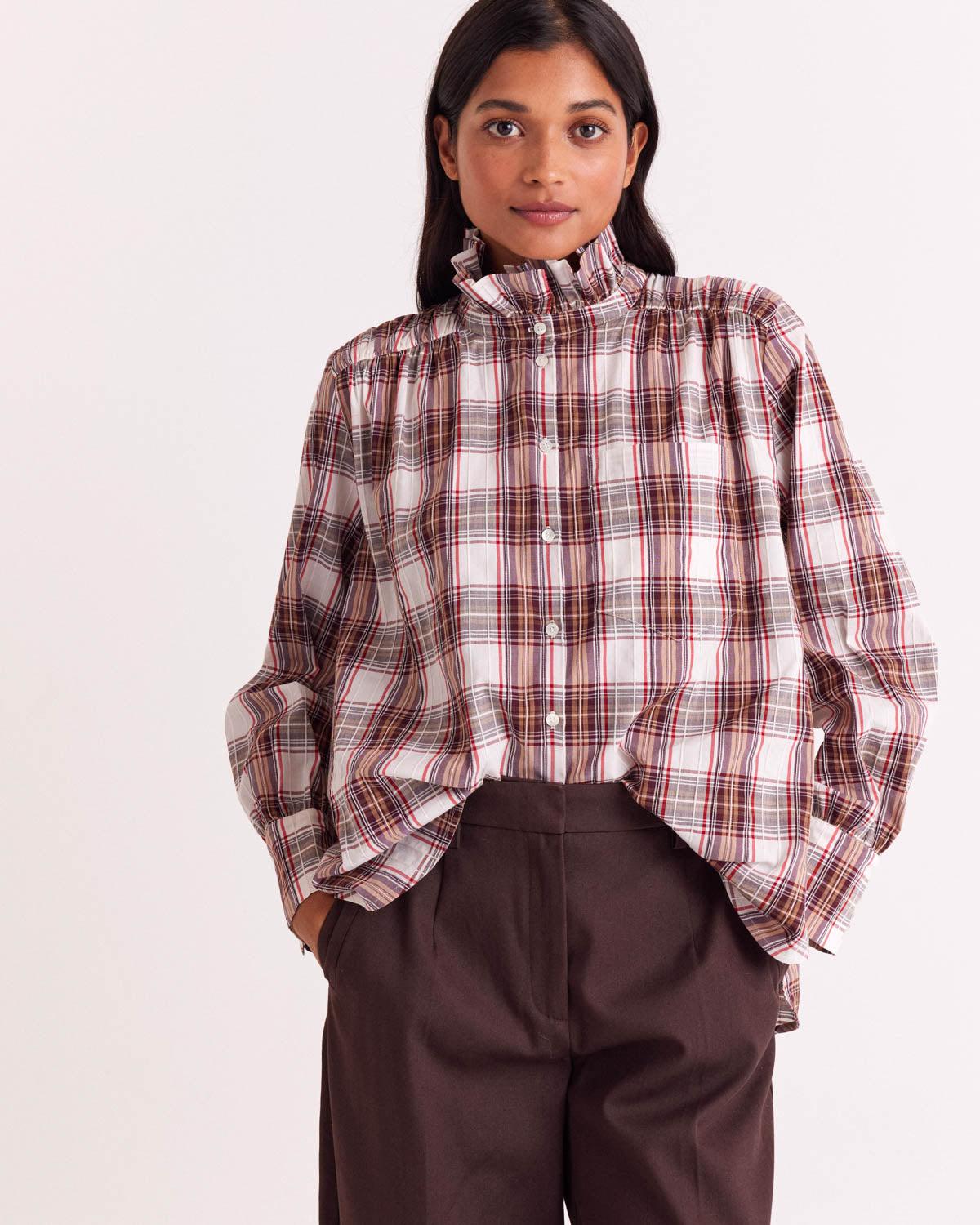 Leonor shirt in red and beige tartan by BALZAC PARIS
