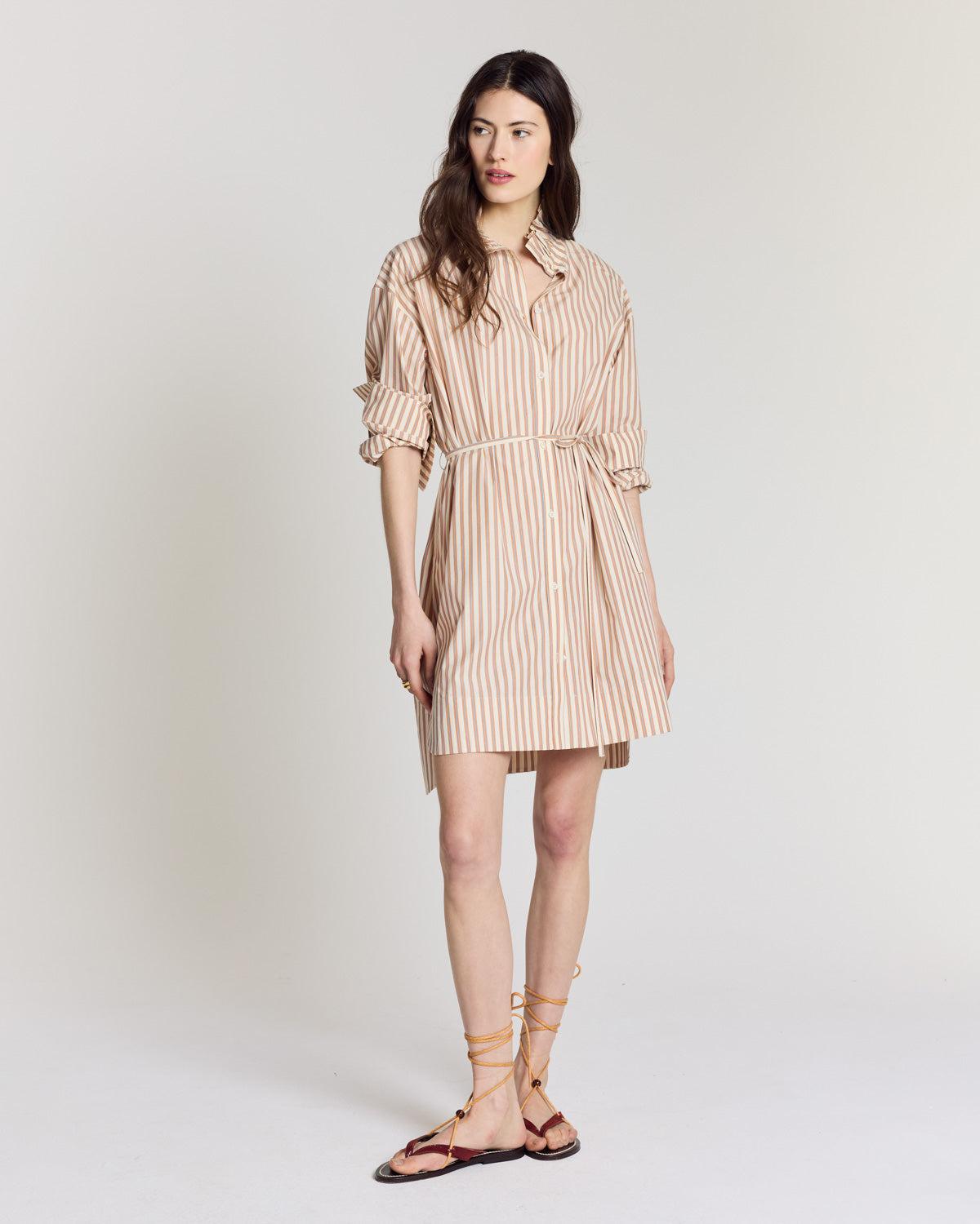 Lior dress, orange, blue and ecru stripes by BALZAC PARIS