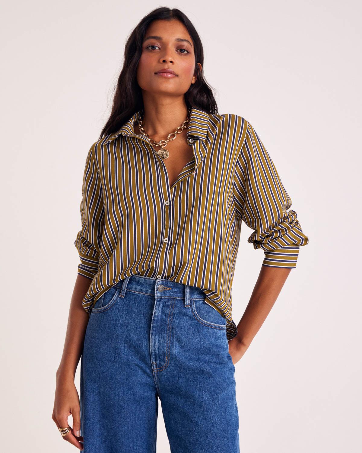 Liseron shirt with navy and khaki stripes by BALZAC PARIS