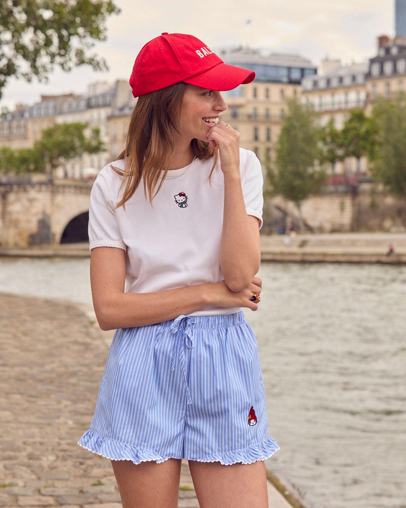My Melody blue and white striped velvet shorts by BALZAC PARIS