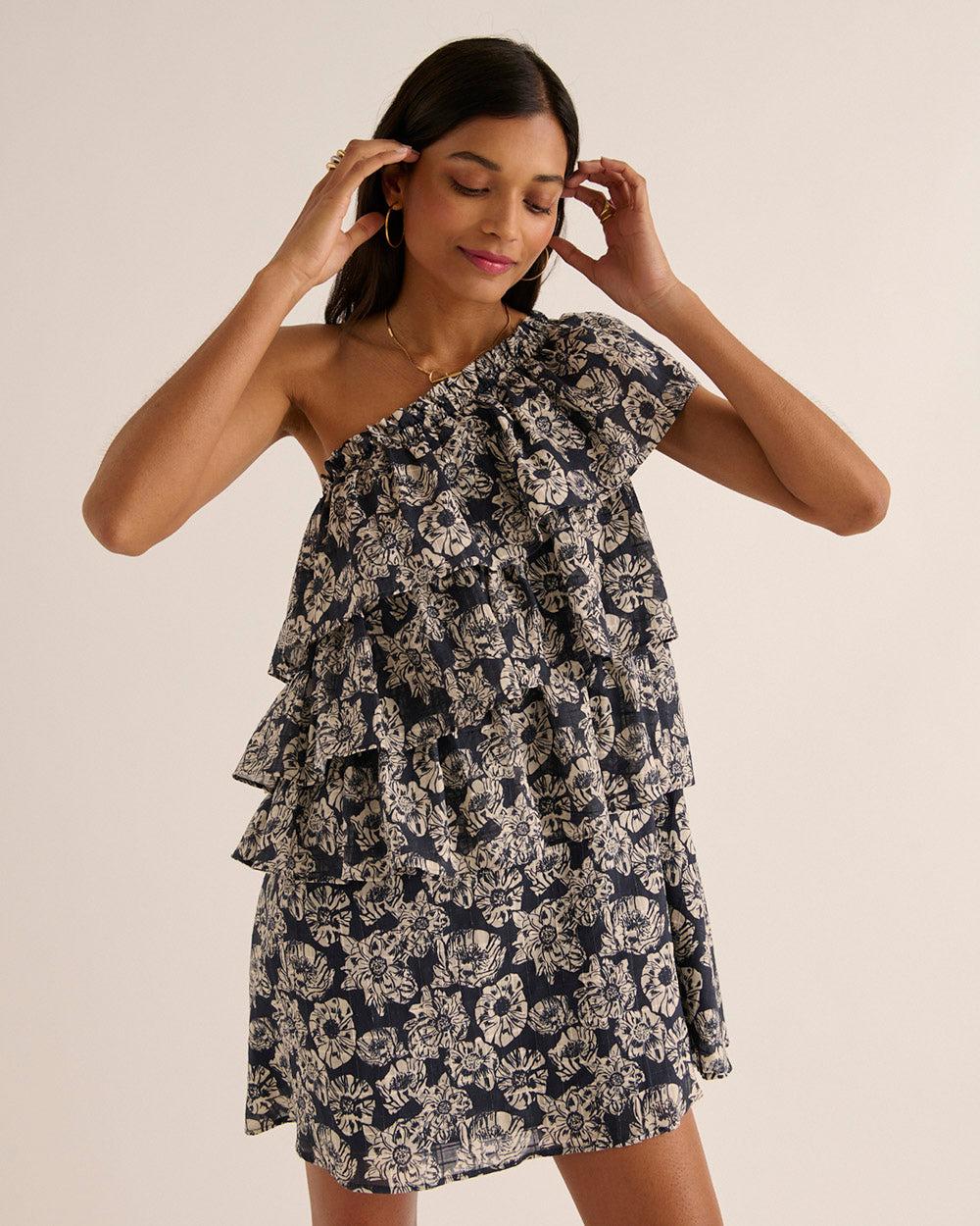 Nouba dress with navy and ecru flower party print by BALZAC PARIS