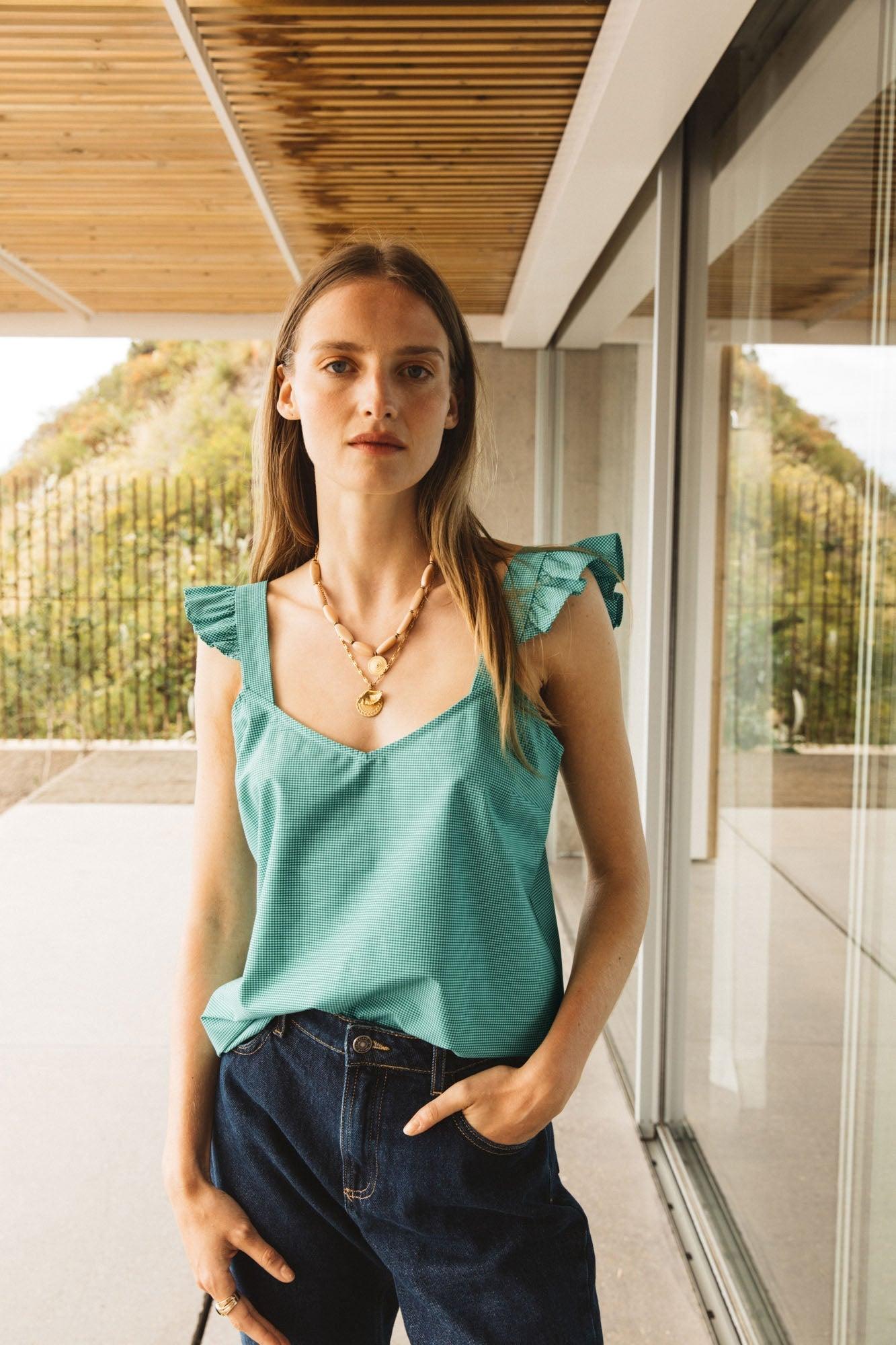 Poldie green gingham blouse by BALZAC PARIS