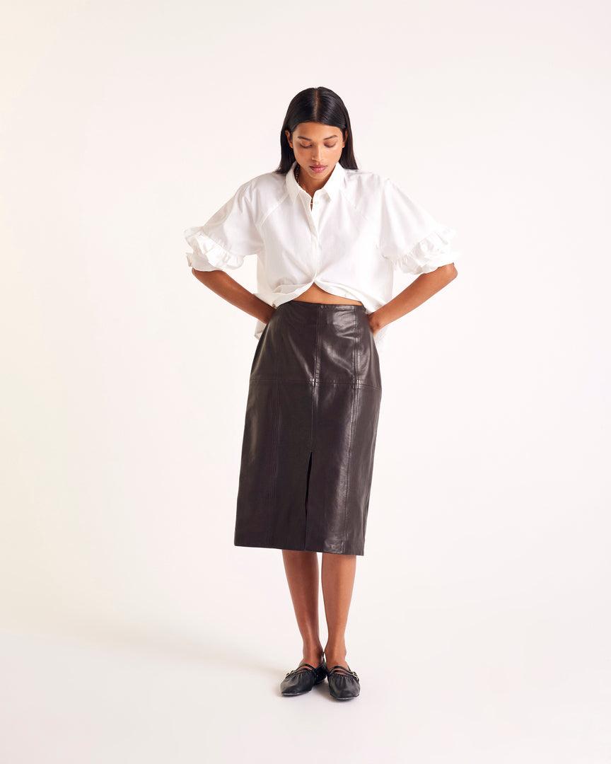 Quitterie chocolate leather skirt by BALZAC PARIS
