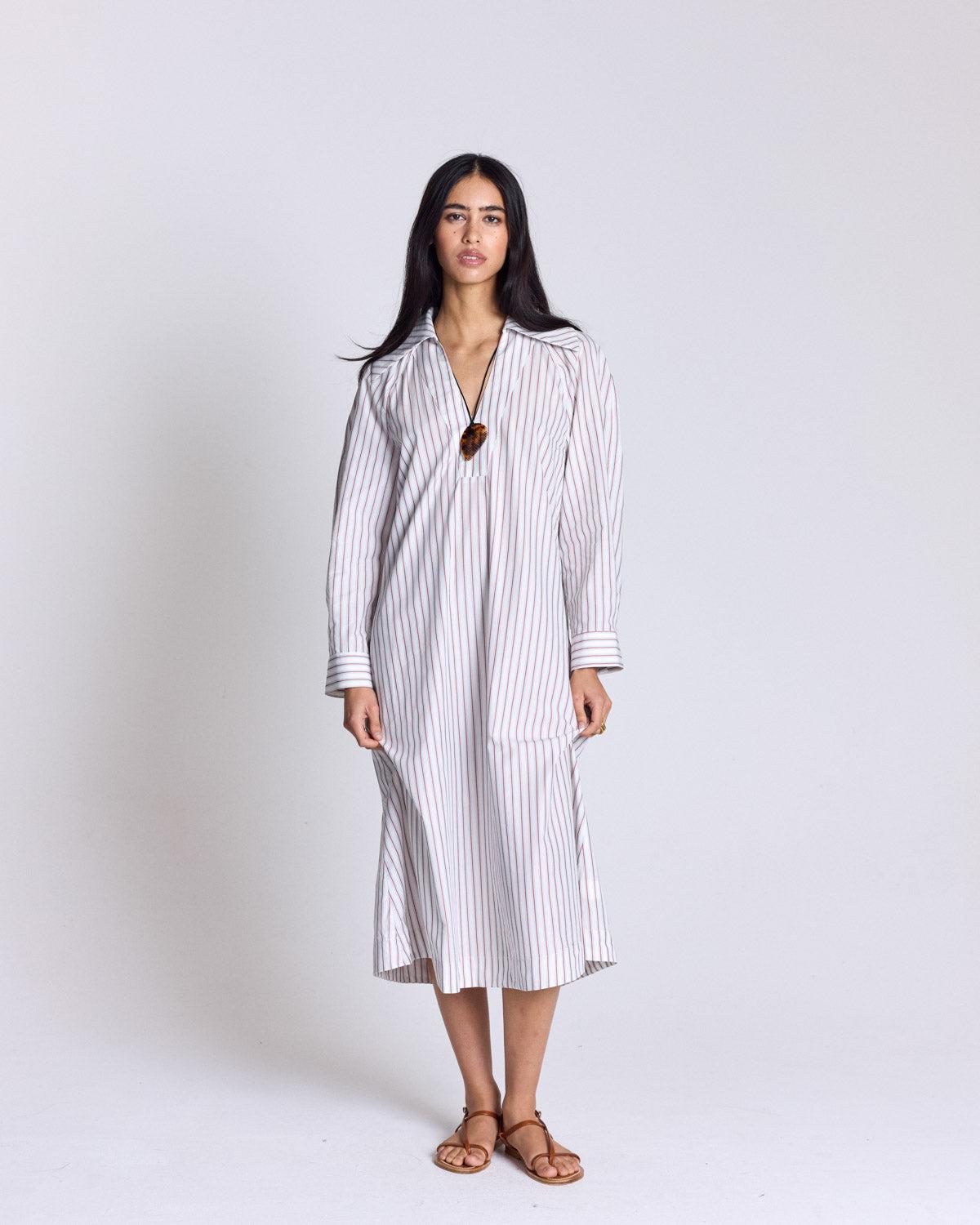 Red striped Ségolène dress with white background by BALZAC PARIS