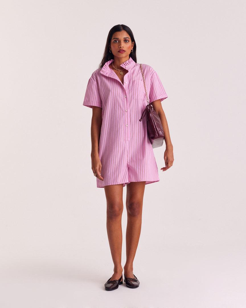 Saffron jumpsuit with pink and red stripes by BALZAC PARIS