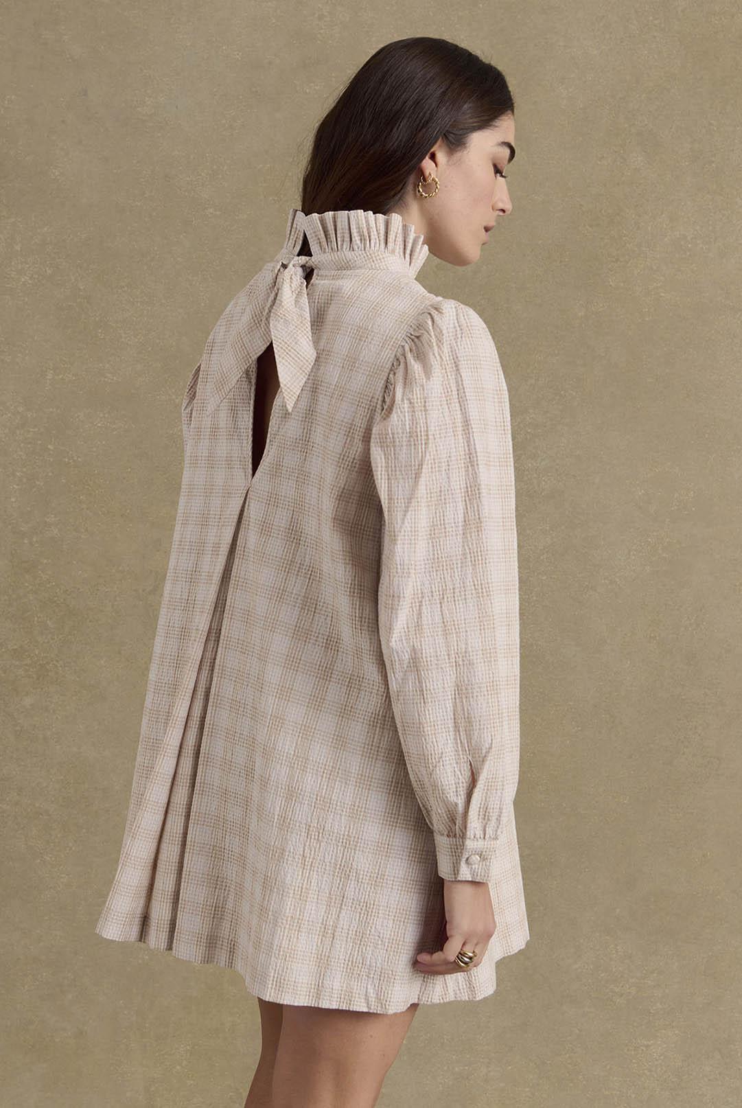 Saga beige and white check dress by BALZAC PARIS