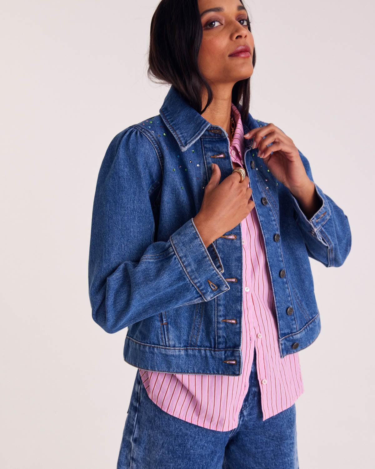Ultramarine blue Celso jacket with multi-colored studs by BALZAC PARIS