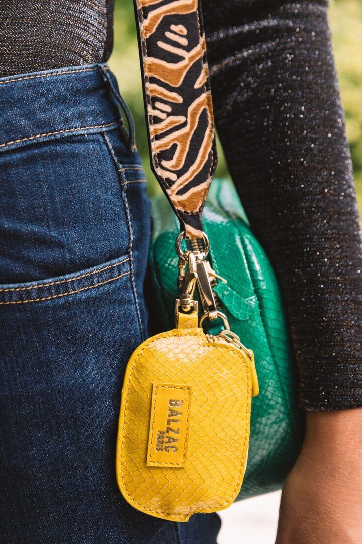 Yellow lizard embossed Ziggy carabiner coin purse by BALZAC PARIS