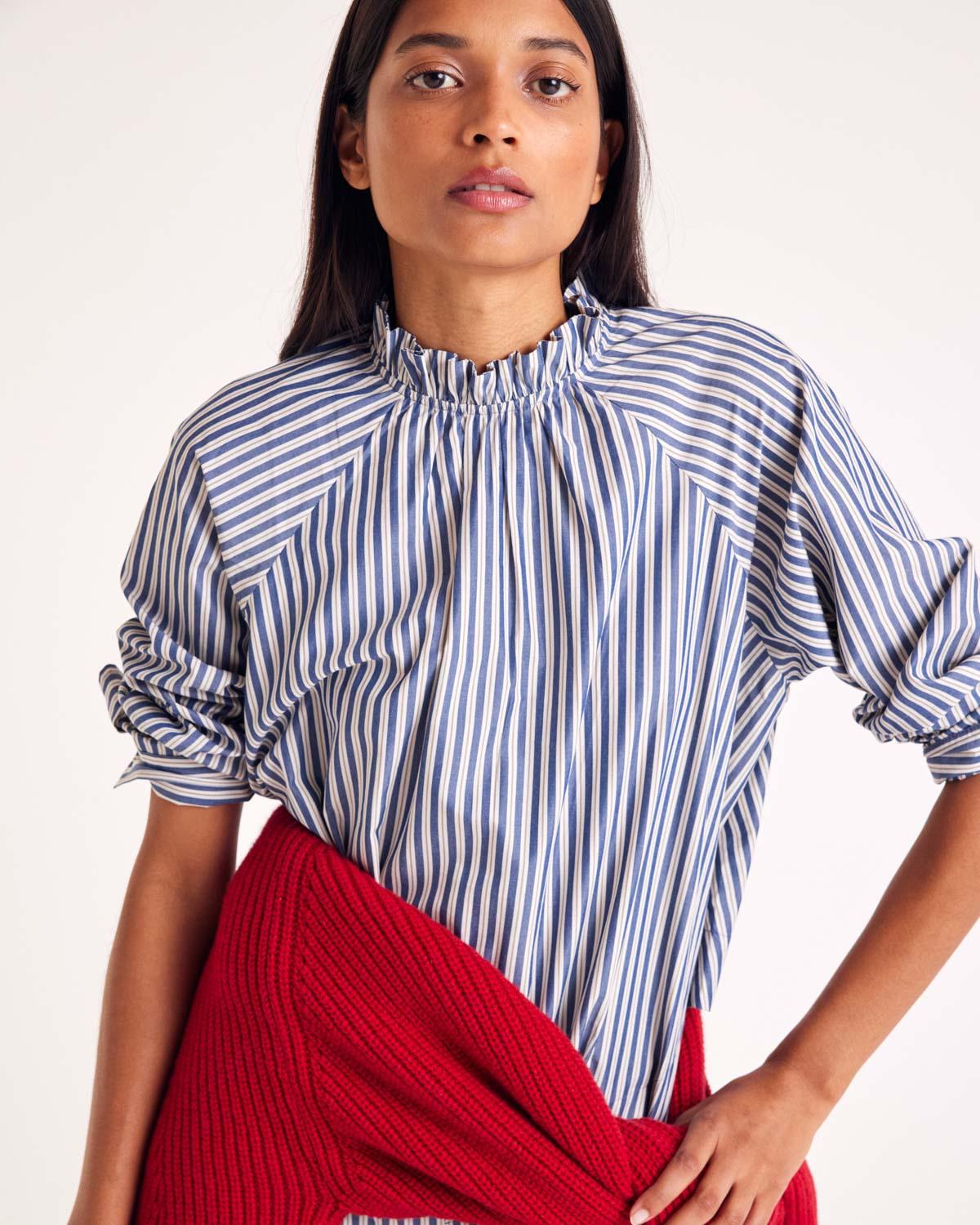 Zoé blouse with navy, ecru and gray stripes by BALZAC PARIS