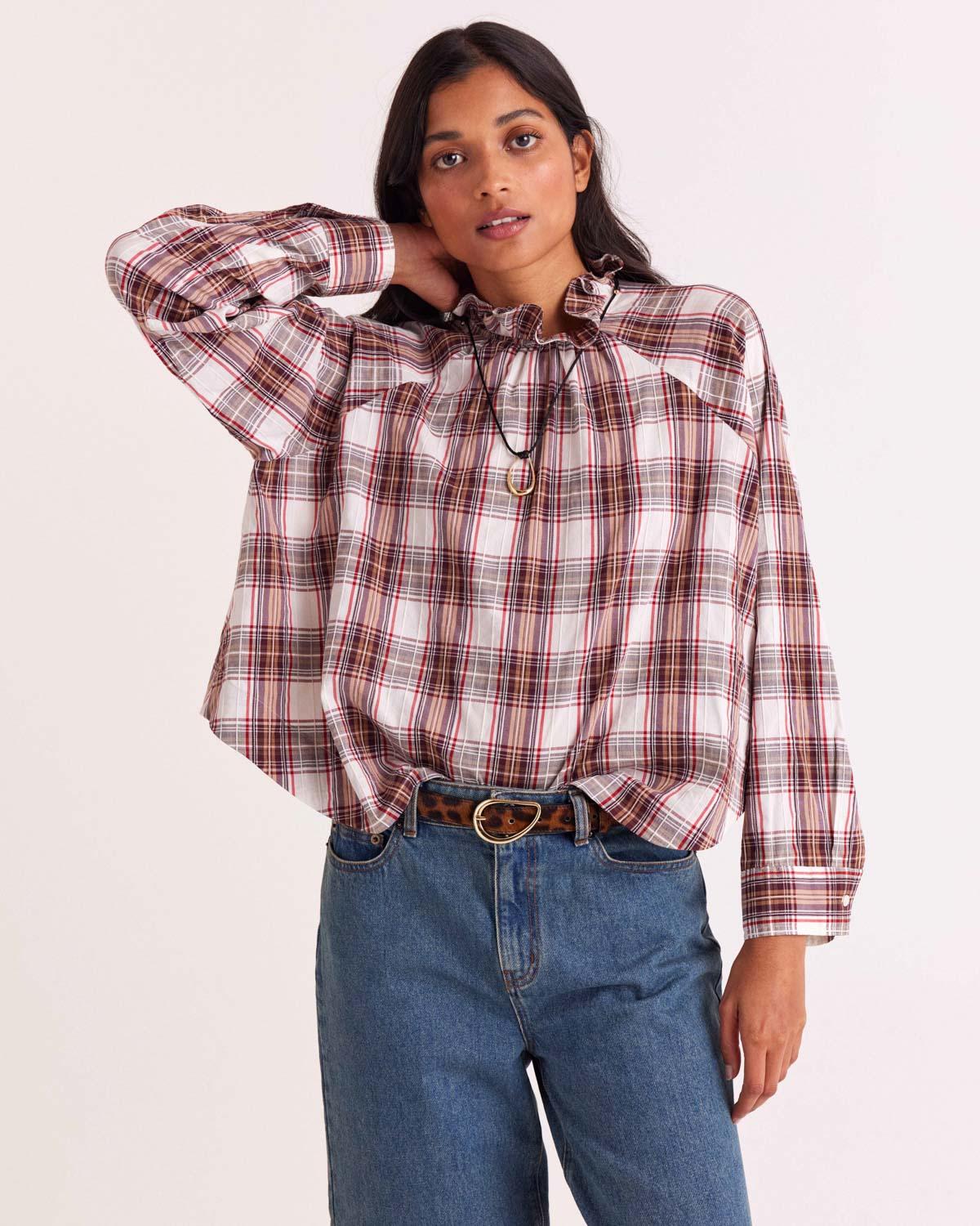 Zoelie red and beige tartan blouse by BALZAC PARIS