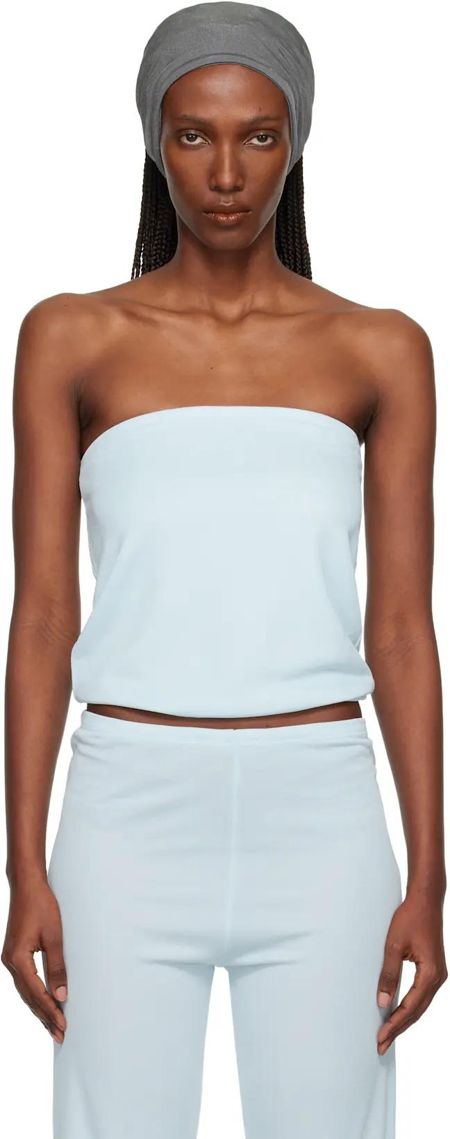 Blue Shiny Crêpe Jersey Bustier Top by BAMBOU ROGER KWONG