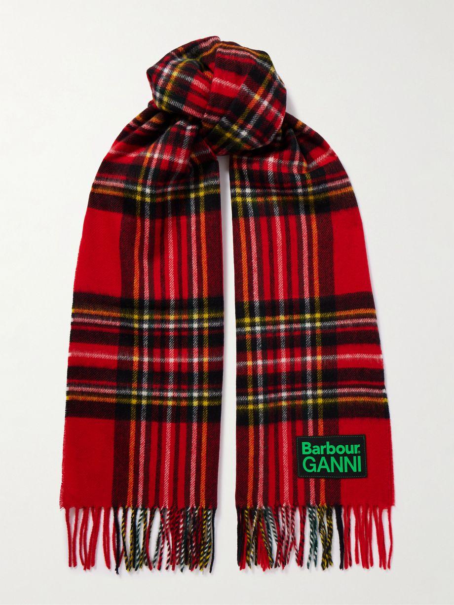 + GANNI fringed appliquéd checked wool scarf by BARBOUR