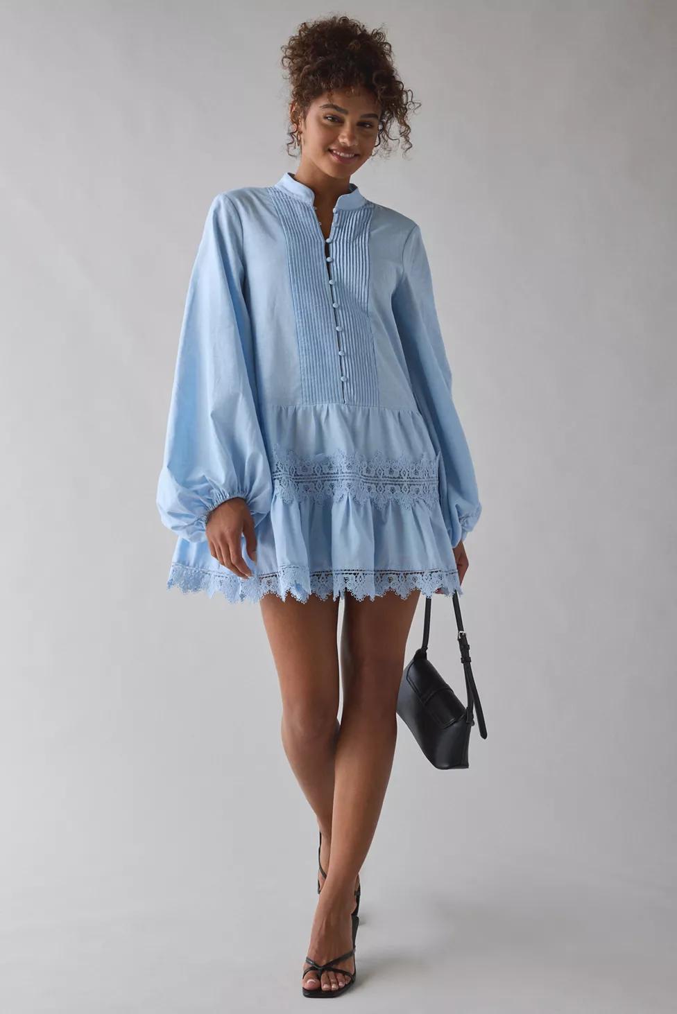 Bardot Antonia Lace Trim Balloon Sleeve Shirt Dress by BARDOT
