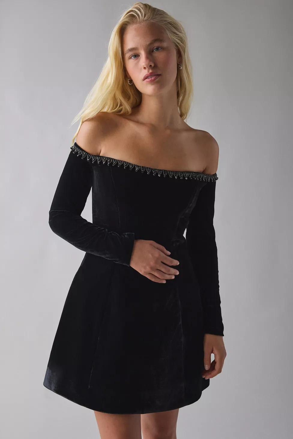 Bardot Hourglass Velvet Off-The-Shoulder Long Sleeve Mini Dress by BARDOT