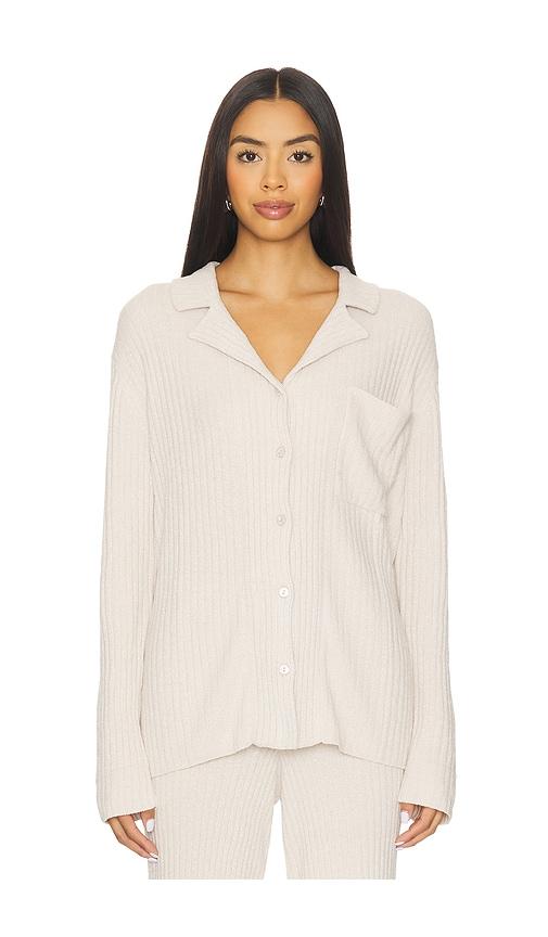 Barefoot Dreams CozyChic Ultra Lite Lurex Rib Button Front Shirt in Tan by BAREFOOT DREAMS