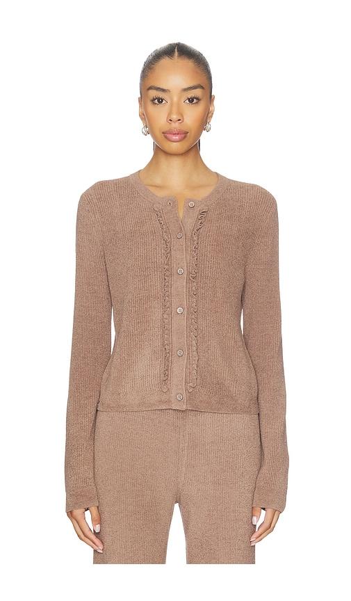 Barefoot Dreams CozyChic Ultra Lite Pointelle Rib Ruffle Front Cardigan in Brown by BAREFOOT DREAMS
