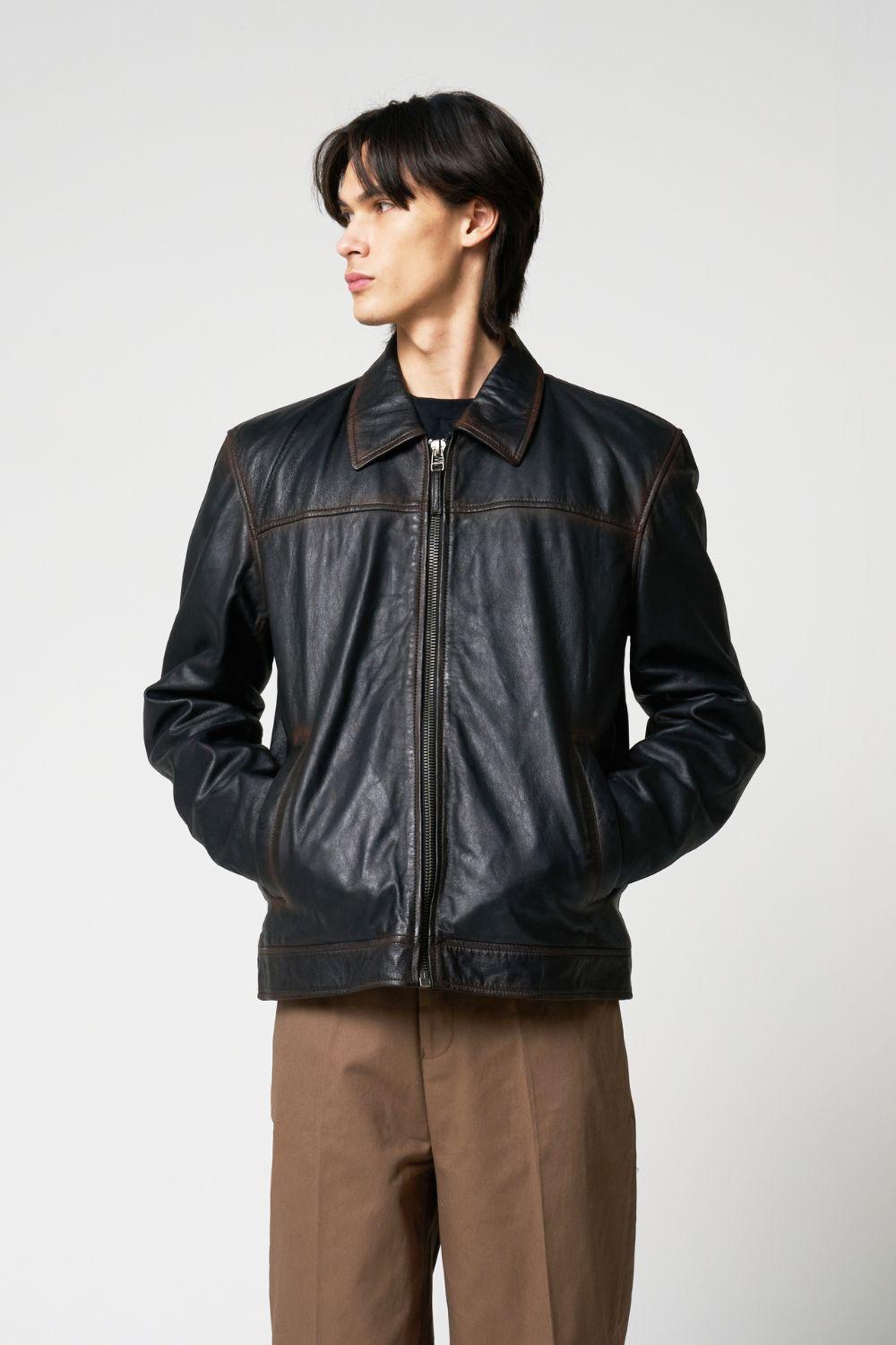 Barneys Originals Washed Leather Harrington by BARNEYS ORIGINALS