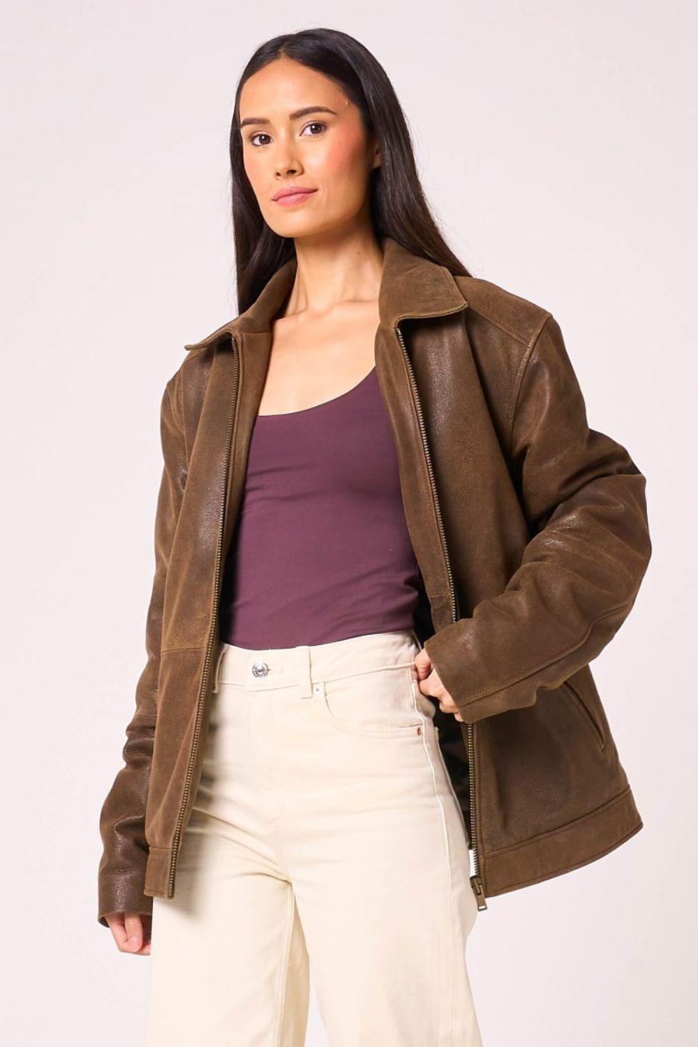 Oversized Aged Real Leather Harrington by BARNEYS ORIGINALS