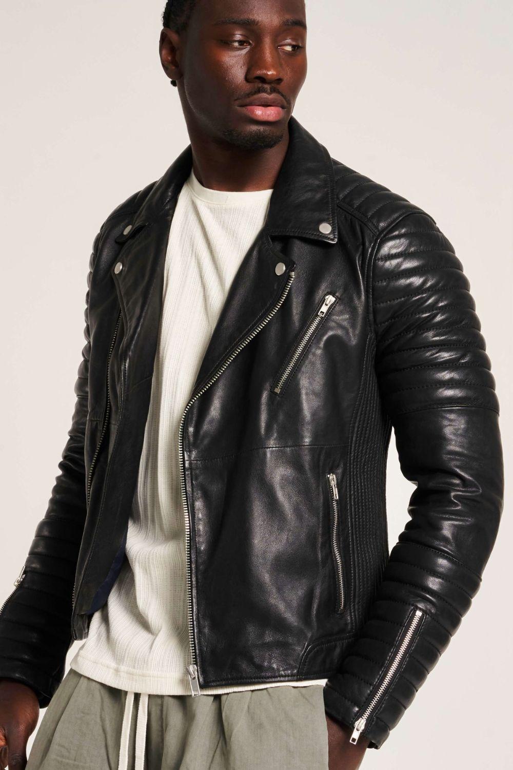 Real leather Biker with Ribbed Sleeves by BARNEYS ORIGINALS