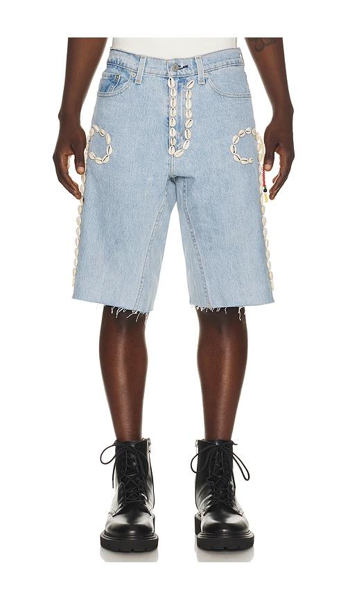 Barriers Worldwide Cowrie Shell Denim Shorts in Blue by BARRIERS WORLDWIDE
